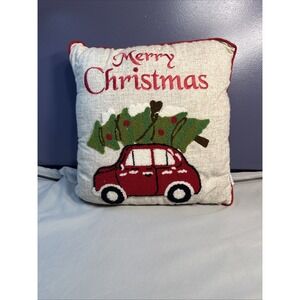 Saro Le Jour de Noël Embroidered Christmas Throw Pillow Red VW Bug Car Tree